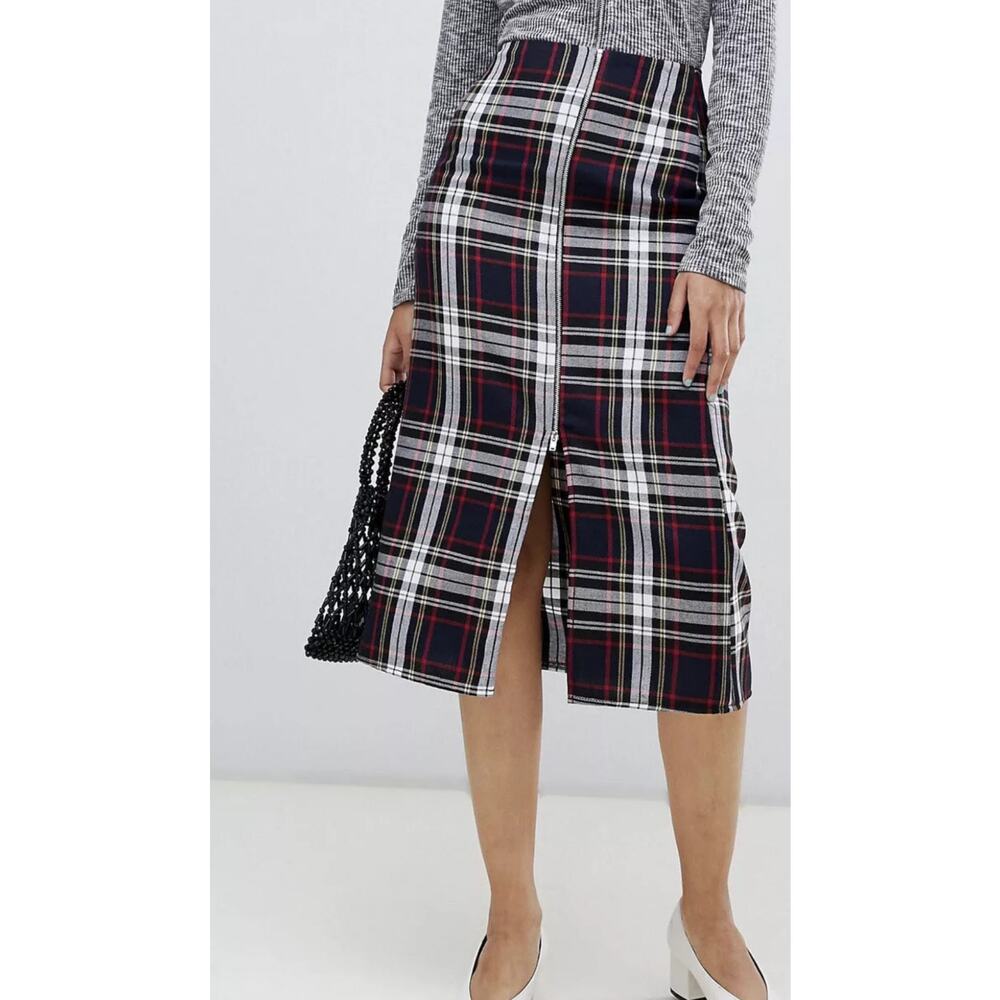 Nobody’s Child Plaid Zip Detail Tartan Check Midi Skirt US 6 UK 10 Academia